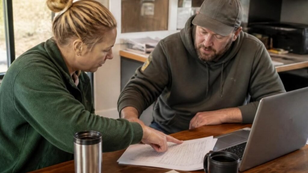 Two small business partners comparing a printed AI automation quote with figures on a laptop