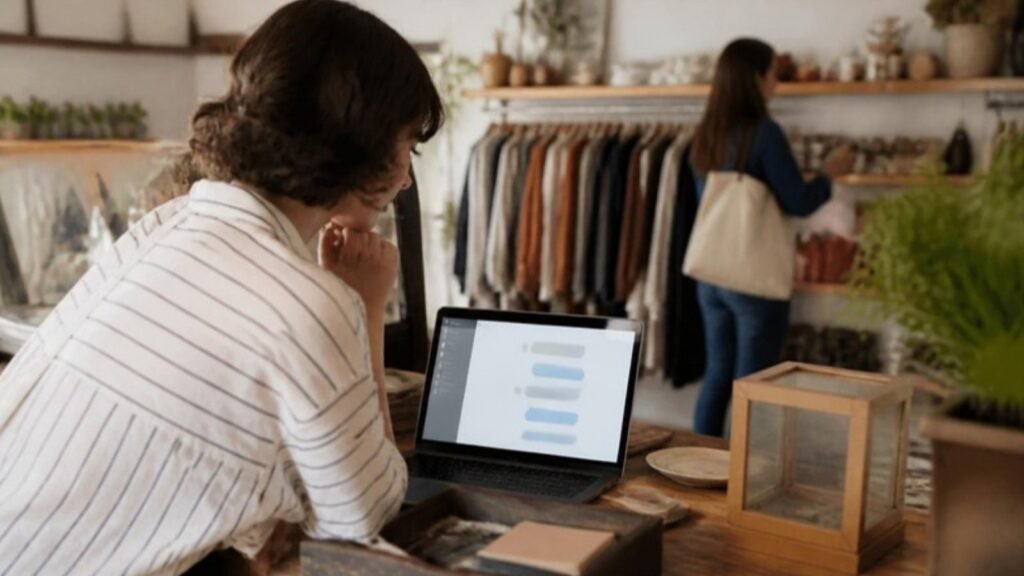 Boutique owner reviewing website chat conversations on a laptop while a customer shops