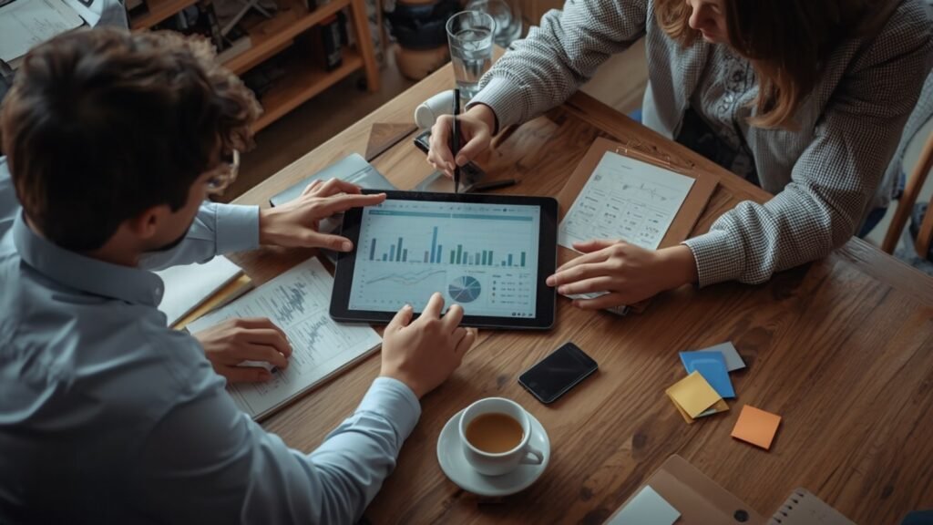 Two coworkers in a small marketing office reviewing AI credits pricing results on a tablet