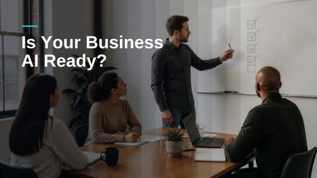 Small business team working through an AI readiness checklist on a whiteboard