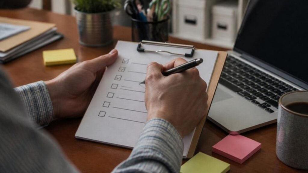 Owner ticking off items on a paper AI readiness checklist beside a laptop