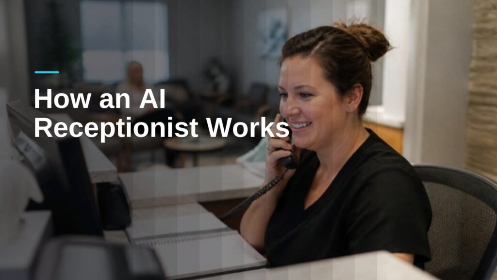 Dental front desk staff member answering a call, the work an AI receptionist for small business can support