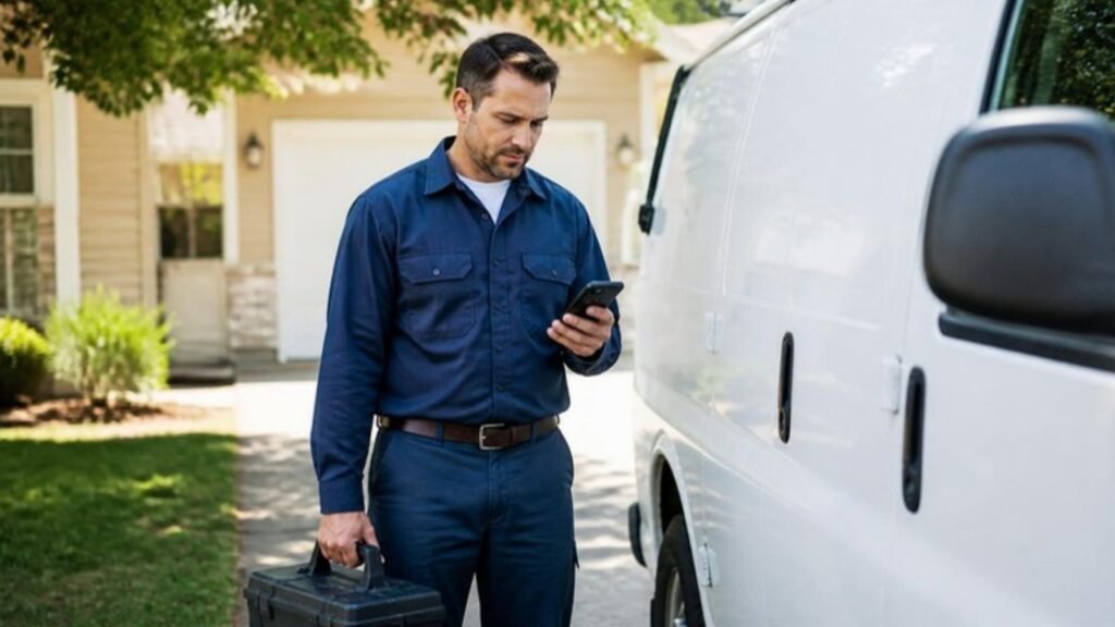 HVAC technician checking a newly booked appointment on his phone beside his service van