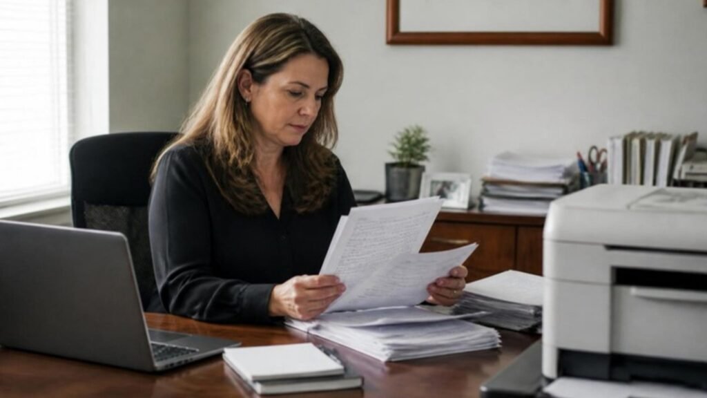 Office manager sorting a stack of invoices, a task well suited to business process automation