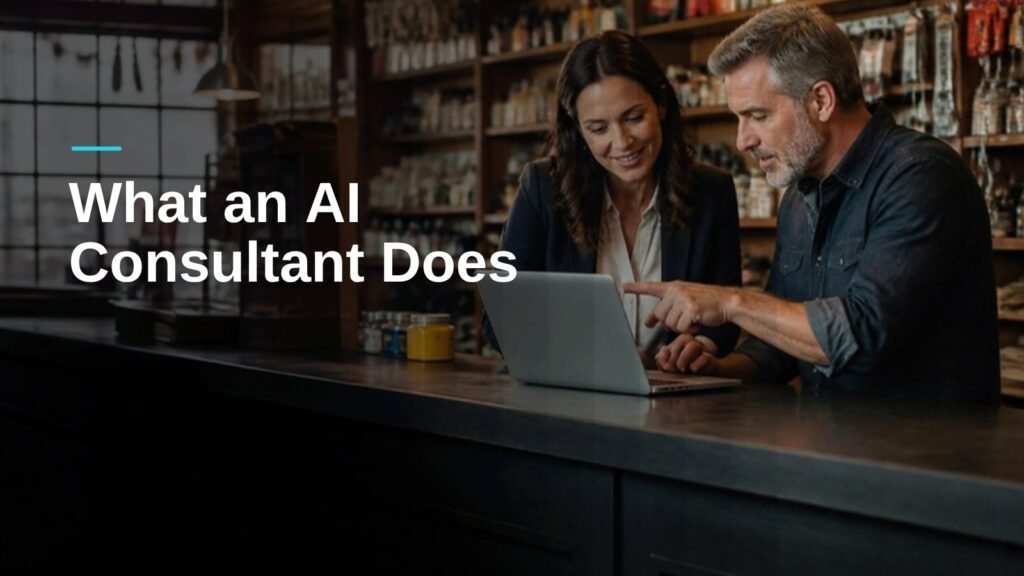 AI consultant reviewing ideas on a laptop with a small business owner at a shop counter
