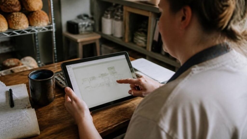 Bakery owner mapping a daily workflow on a tablet, the kind of process an AI consultant helps a small business improve